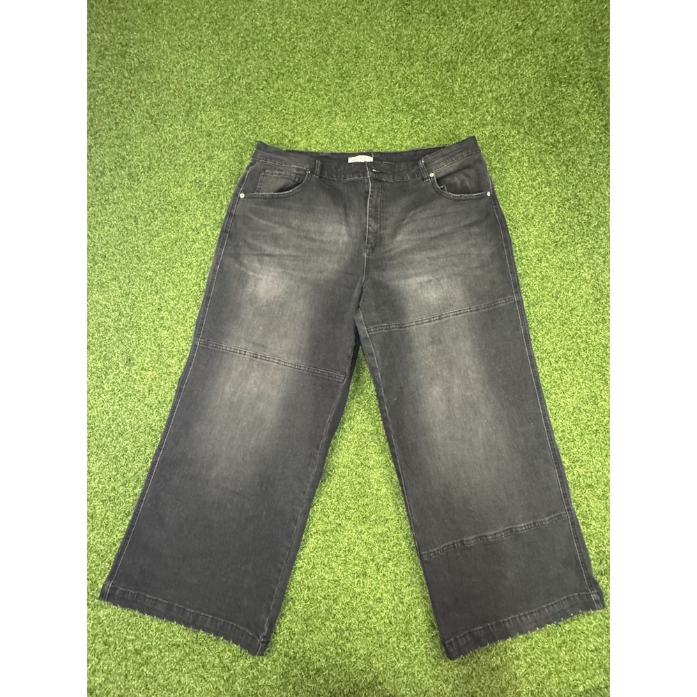 Indigo Thread Co. Crop Jeans Womens 20W Charcoal Gray Wide Leg Stitched Paneling